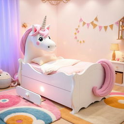 A whimsical newborn bed designed in the shape of a unicorn, featuring soft pastel colors with a fluffy mane and tail