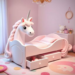 A whimsical newborn bed designed in the shape of a unicorn, featuring soft pastel colors with a fluffy mane and tail