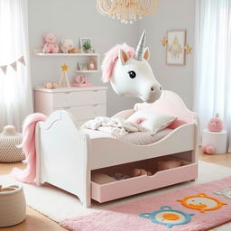 A whimsical newborn bed designed in the shape of a unicorn, featuring soft pastel colors with a fluffy mane and tail