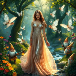 A fantasy scene depicting a beautiful woman standing in a lush, enchanted forest, surrounded by a magical atmosphere