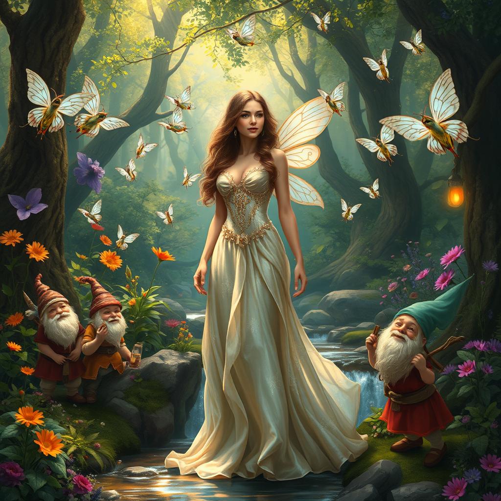 A fantasy scene depicting a beautiful woman standing in a lush, enchanted forest, surrounded by a magical atmosphere