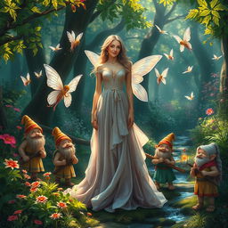 A fantasy scene depicting a beautiful woman standing in a lush, enchanted forest, surrounded by a magical atmosphere