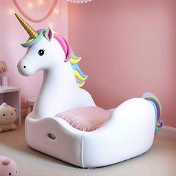 A beautifully designed newborn bed shaped like a unicorn, featuring a soft, plush body with a gently curved silhouette