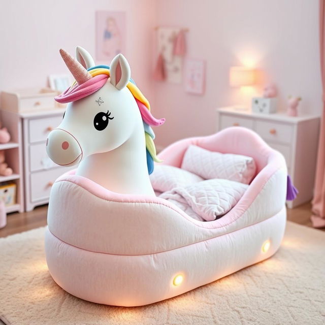 A beautifully designed newborn bed shaped like a unicorn, featuring a soft, plush body with a gently curved silhouette