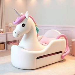 A beautifully designed newborn bed shaped like a unicorn, featuring a soft, plush body with a gently curved silhouette