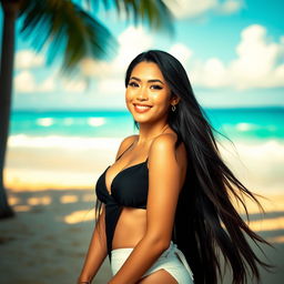 A beautiful Indonesian woman exuding confidence, wearing a stylish and sexy outfit that accentuates her figure