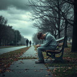 A visually striking interpretation of dysthymia, depicting a person sitting on a park bench under a cloudy, overcast sky