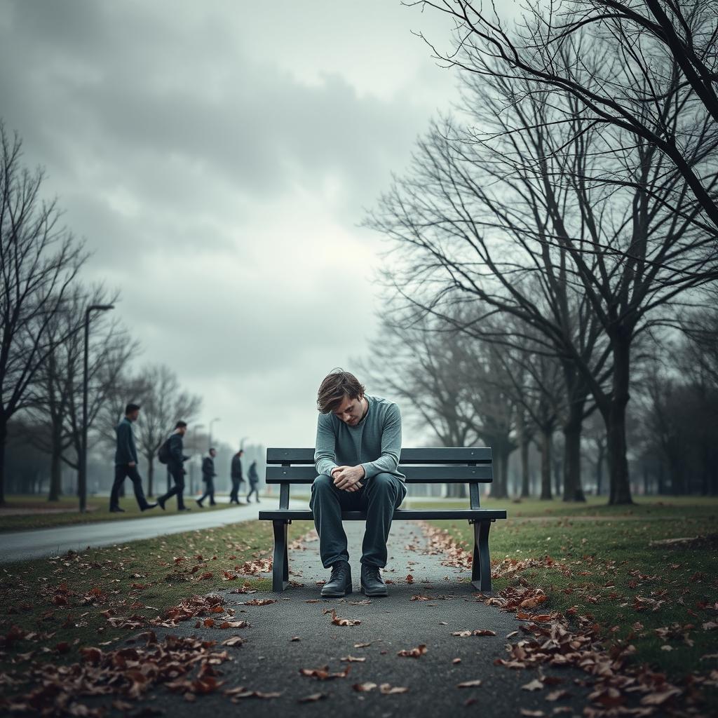 A visually striking interpretation of dysthymia, depicting a person sitting on a park bench under a cloudy, overcast sky