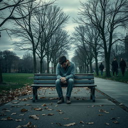 A visually striking interpretation of dysthymia, depicting a person sitting on a park bench under a cloudy, overcast sky