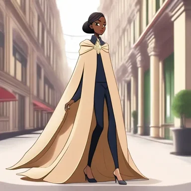 The elegant cartoon character wore a luxurious aba-style cape, adding an air of sophistication to its appearance.