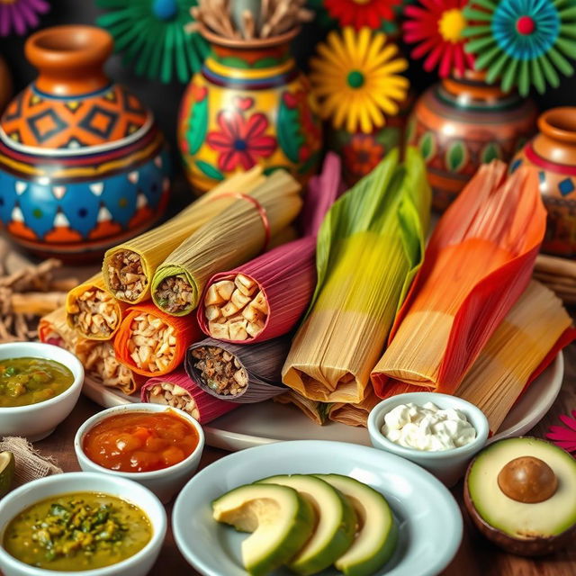 A vibrant display of authentic Mexican tamales, beautifully wrapped in colorful corn husks, showcasing a variety of fillings such as green salsa, mole sauce, and cheese