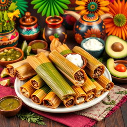 A vibrant display of authentic Mexican tamales, beautifully wrapped in colorful corn husks, showcasing a variety of fillings such as green salsa, mole sauce, and cheese