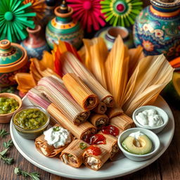 A vibrant display of authentic Mexican tamales, beautifully wrapped in colorful corn husks, showcasing a variety of fillings such as green salsa, mole sauce, and cheese