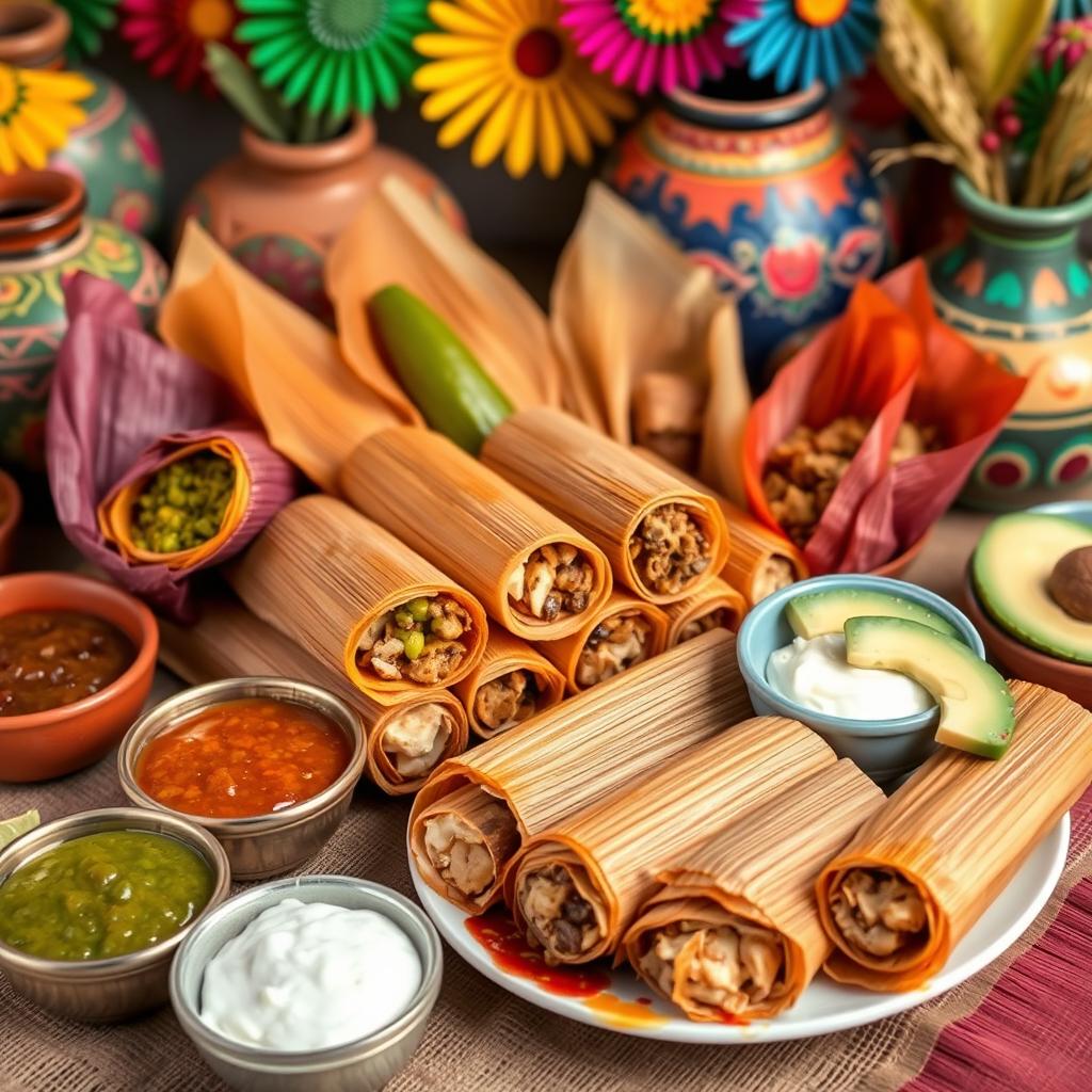 A vibrant display of authentic Mexican tamales, beautifully wrapped in colorful corn husks, showcasing a variety of fillings such as green salsa, mole sauce, and cheese