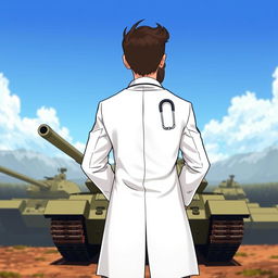 An animated style illustration of the back of a doctor wearing a crisp white coat, standing confidently in front of a row of military tanks