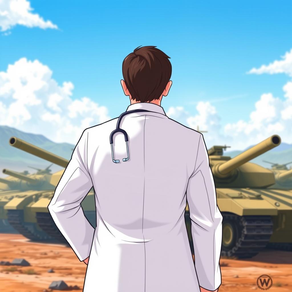 An animated style illustration of the back of a doctor wearing a crisp white coat, standing confidently in front of a row of military tanks