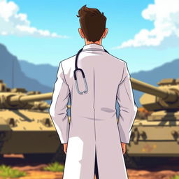 An animated style illustration of the back of a doctor wearing a crisp white coat, standing confidently in front of a row of military tanks