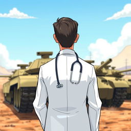 An animated style illustration of the back of a doctor wearing a crisp white coat, standing confidently in front of a row of military tanks