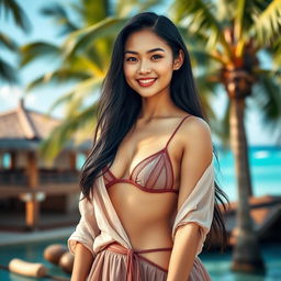 A gorgeous Indonesian woman radiating beauty and confidence, dressed in a sexy and fashionable outfit that showcases her魅力