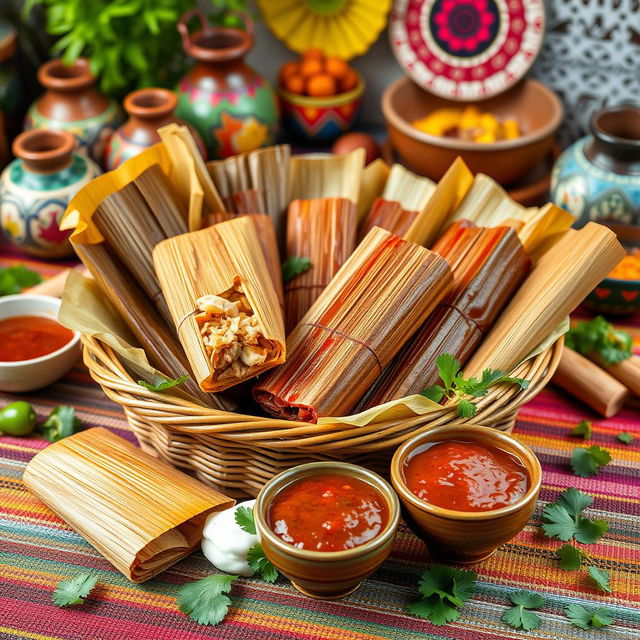 An inviting scene of Mexican tamales displayed on a vibrant, woven tablecloth