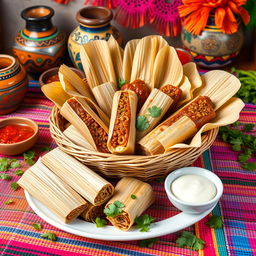 An inviting scene of Mexican tamales displayed on a vibrant, woven tablecloth