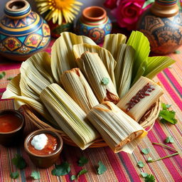An inviting scene of Mexican tamales displayed on a vibrant, woven tablecloth