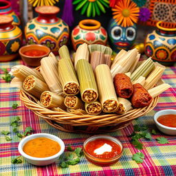 An inviting scene of Mexican tamales displayed on a vibrant, woven tablecloth