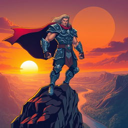 A stylized illustration of a powerful figure standing heroically atop a rocky cliff, with a dramatic sunset in the background