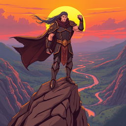 A stylized illustration of a powerful figure standing heroically atop a rocky cliff, with a dramatic sunset in the background