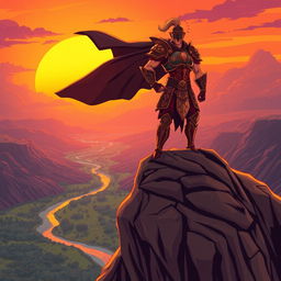 A stylized illustration of a powerful figure standing heroically atop a rocky cliff, with a dramatic sunset in the background