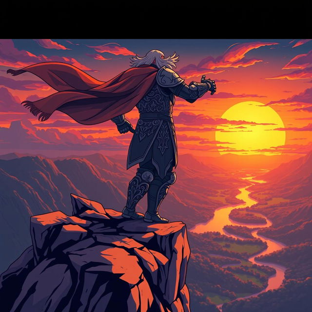 A stylized illustration of a powerful figure standing heroically atop a rocky cliff, with a dramatic sunset in the background