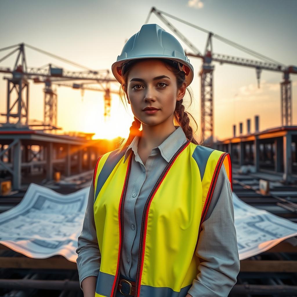 An aesthetic wallpaper featuring a confident young woman in a hard hat and safety vest, standing proudly on a construction site