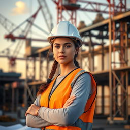 An aesthetic wallpaper featuring a confident young woman in a hard hat and safety vest, standing proudly on a construction site