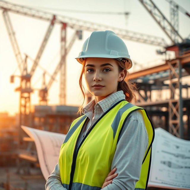 An aesthetic wallpaper featuring a confident young woman in a hard hat and safety vest, standing proudly on a construction site