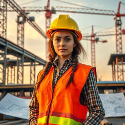 An aesthetic wallpaper featuring a confident young woman in a hard hat and safety vest, standing proudly on a construction site