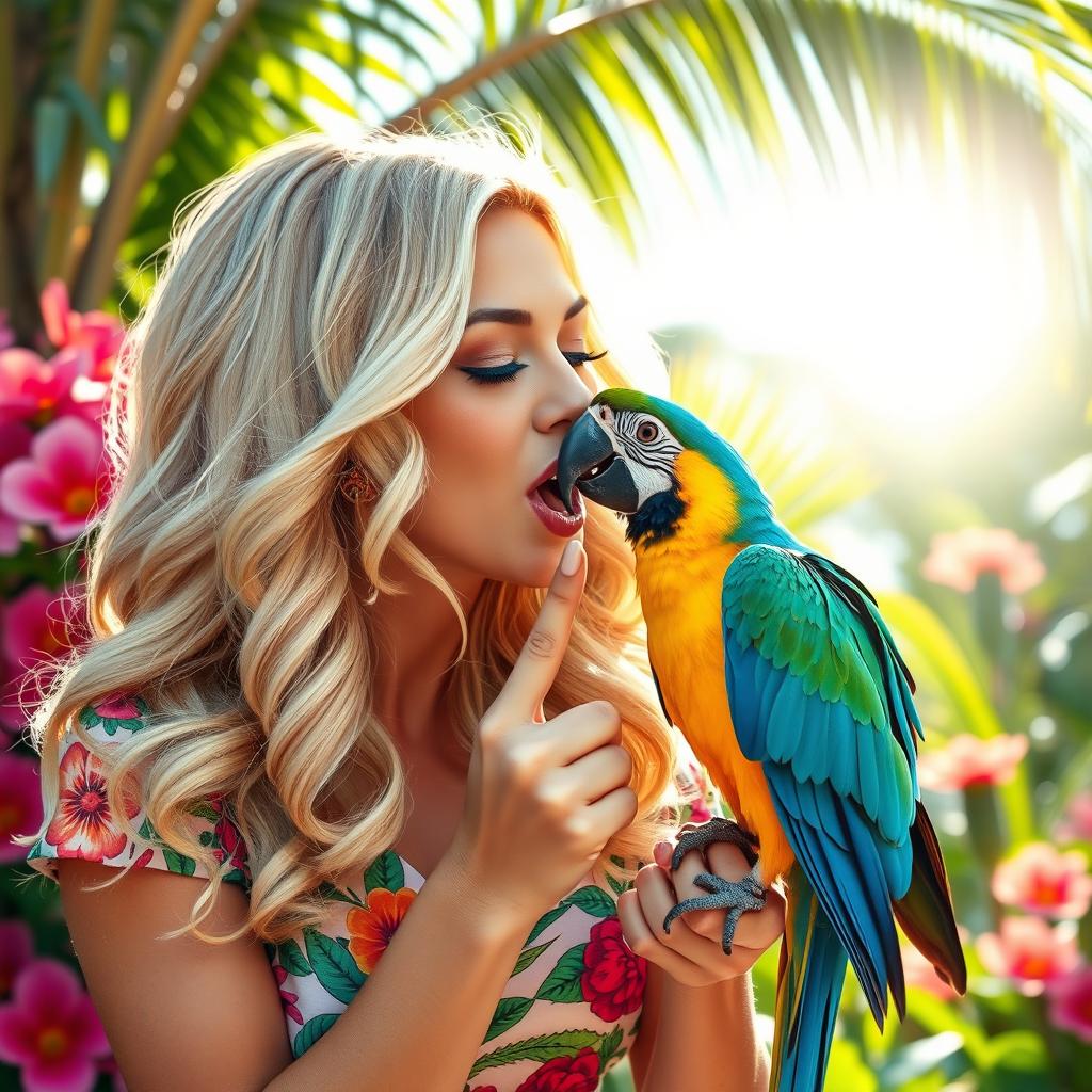 A whimsical and heartwarming scene of a female pop star resembling Britney Spears playfully kissing a colorful parrot perched on her finger