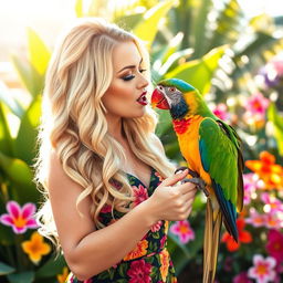 A whimsical and heartwarming scene of a female pop star resembling Britney Spears playfully kissing a colorful parrot perched on her finger