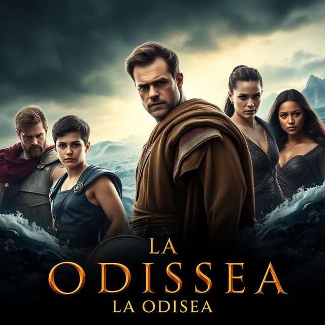 A cinematic movie poster inspired by the themes of Christopher Nolan's 'The Odyssey', featuring Matt Damon as Odysseus