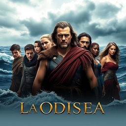 A cinematic movie poster inspired by the themes of Christopher Nolan's 'The Odyssey', featuring Matt Damon as Odysseus