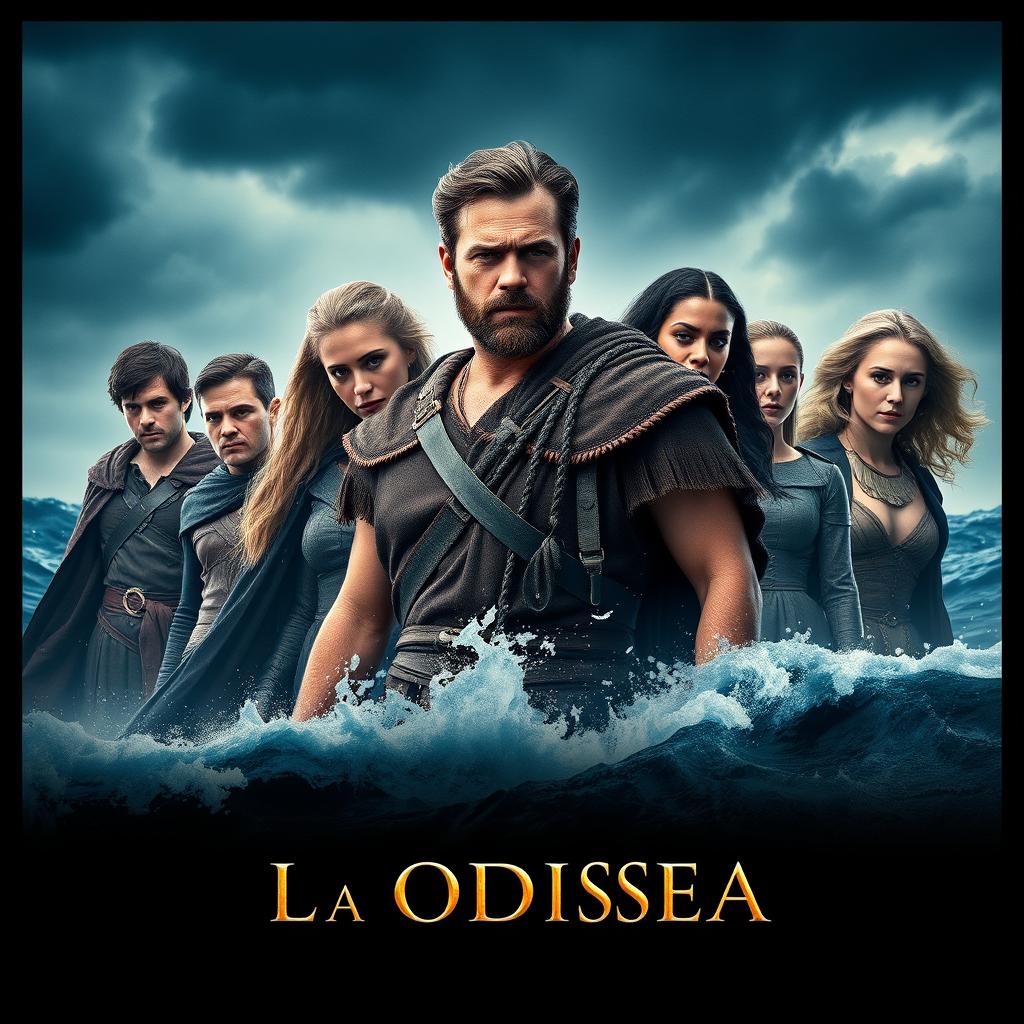 A cinematic movie poster inspired by the themes of Christopher Nolan's 'The Odyssey', featuring Matt Damon as Odysseus