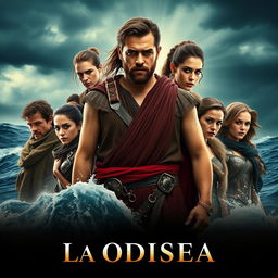 A cinematic movie poster inspired by the themes of Christopher Nolan's 'The Odyssey', featuring Matt Damon as Odysseus