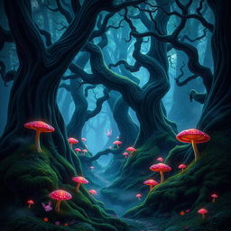 A mystical dark feywild forest, filled with towering ancient trees that twist and turn into surreal shapes