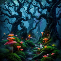 A mystical dark feywild forest, filled with towering ancient trees that twist and turn into surreal shapes