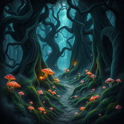 A mystical dark feywild forest, filled with towering ancient trees that twist and turn into surreal shapes