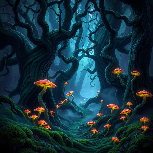 A mystical dark feywild forest, filled with towering ancient trees that twist and turn into surreal shapes