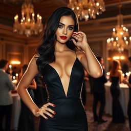 A captivating and seductive 30-year-old woman dressed in a sleek, elegant black evening gown, with a plunging neckline and a fitted silhouette that accentuates her curves