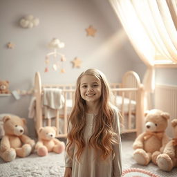 A whimsical baby-themed scene featuring a serene nursery with soft pastel colors, fluffy clouds, and gentle teddy bears scattered throughout