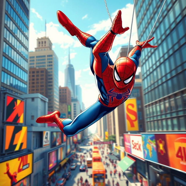 A dynamic and vibrant illustration of Spider-Man swinging through a bustling cityscape