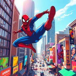 A dynamic and vibrant illustration of Spider-Man swinging through a bustling cityscape