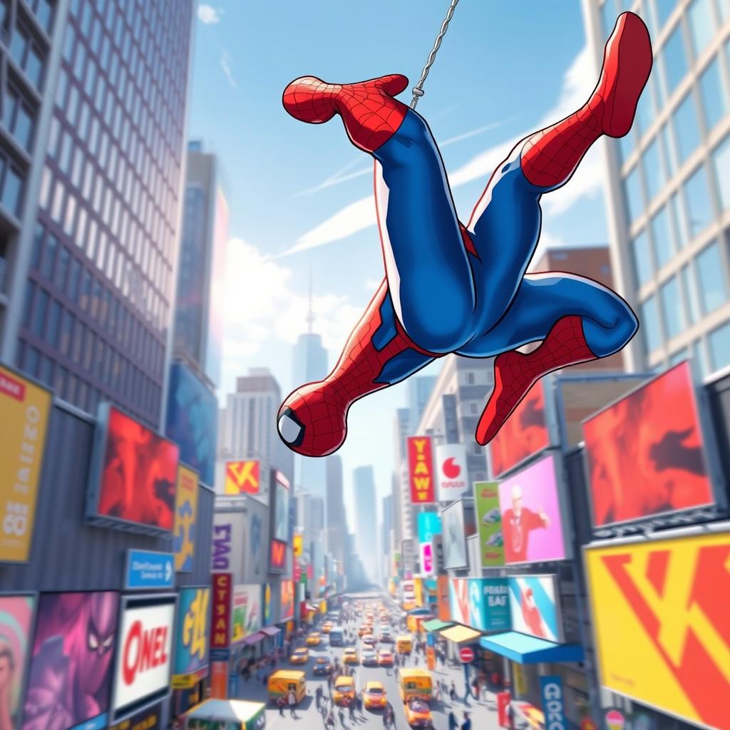 A dynamic and vibrant illustration of Spider-Man swinging through a bustling cityscape